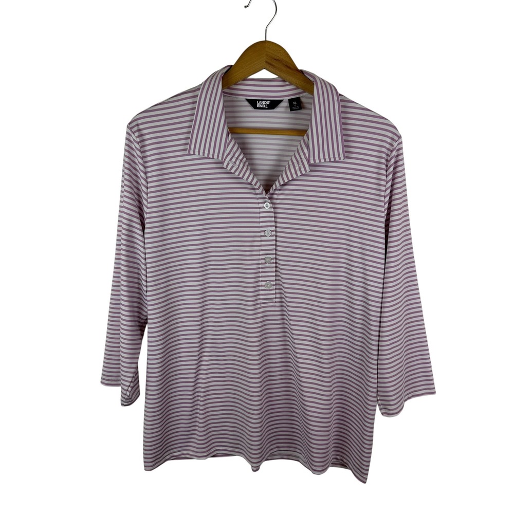 Lands End Striped Polo Shirt Size XL‎ Purple Pullover Soft Stretch Preppy Comfy